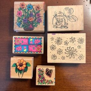 Wood Mounted Rubber Stamp Flower Collection - Total of 6 Stamps